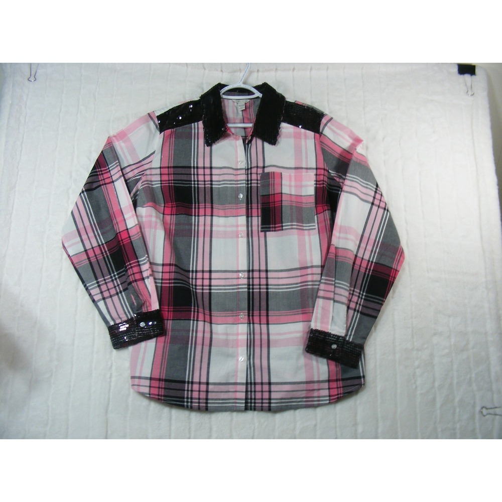 Cato Plaid Button Down Women 18/20W Pink Sequin Collar Lurex Metallic Excellent